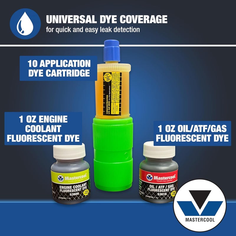 MASTERCOOL 53351 Professional UV Leak Detection Kit – 12V High-Intensity Light – Detects A/C, Coolant, Fuel, Oil, ATF Leaks – Includes Universal Dyes, Glasses, R134a & R12 Compatible - Image 5